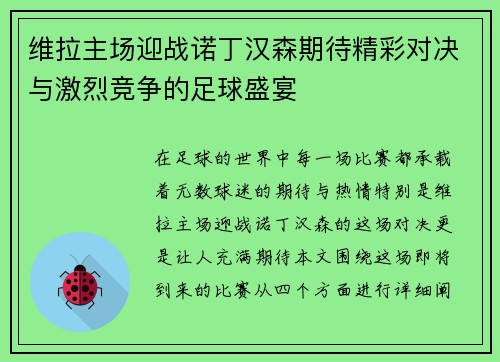 维拉主场迎战诺丁汉森期待精彩对决与激烈竞争的足球盛宴